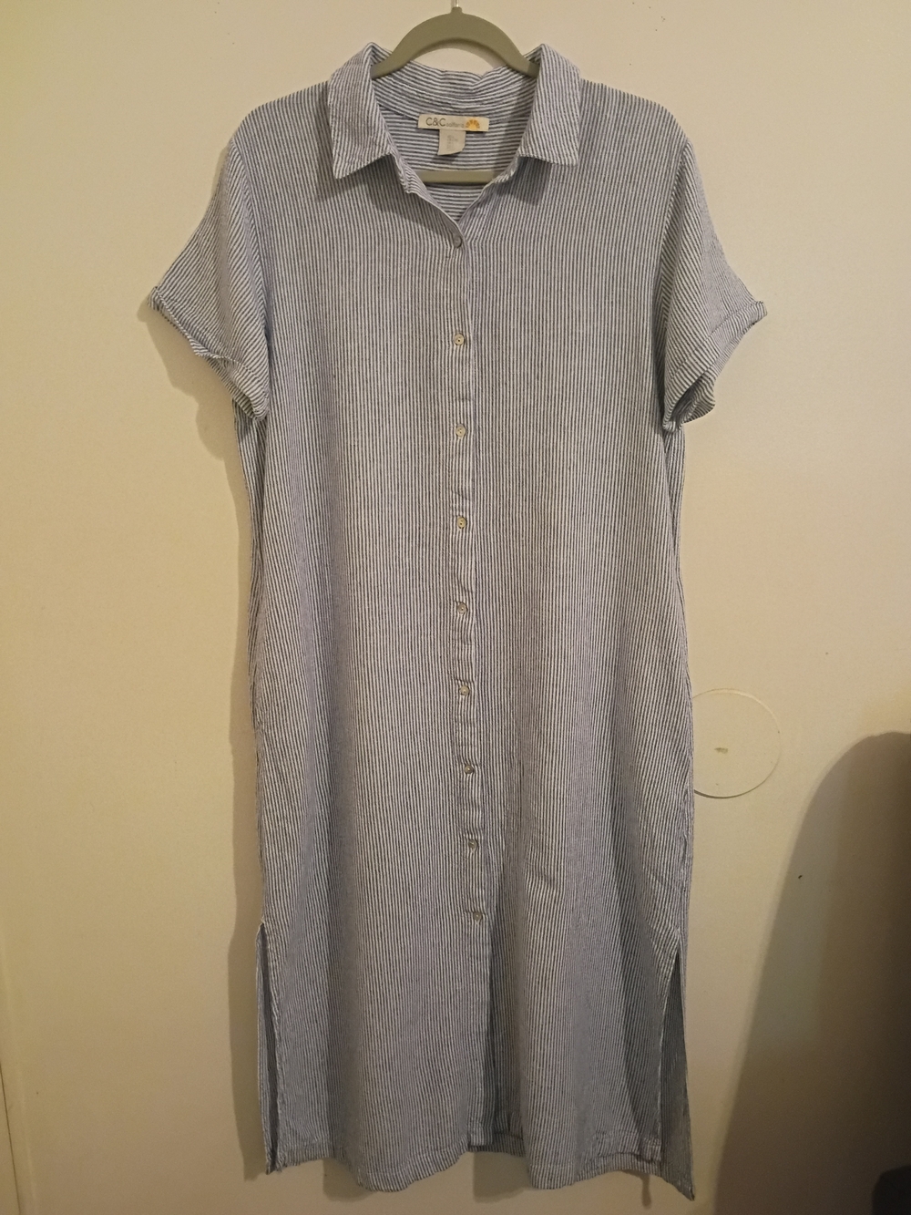 C&C California Blue and White Striped Midi Dress Linen Viscose Blend Sz‎ L